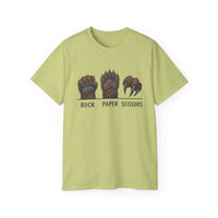iamabearsnack light green cotton t-shirt with a graphic of three bear paws representing rock, paper, and scissors.