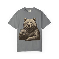 iamabearsnack grey heavyweight cotton t-shirt with a screen-printed bear holding a glass of whiskey.