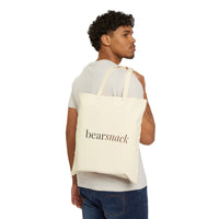 iamabearsnack natural canvas tote bag with black wordmark print, 12oz cotton shopper