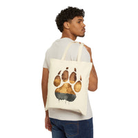 iamabearsnack natural 12oz cotton canvas tote bag with watercolor bear paw print on one side.