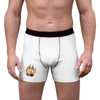 White boxer briefs with a watercolor bear paw print in LGBTQ flag colors and a black elastic waistband by iamabearsnack.