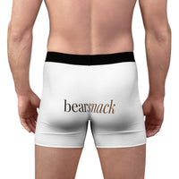 iamabearsnack white boxer briefs with black elastic waistband and two-tone bearsnack wordmark on back.